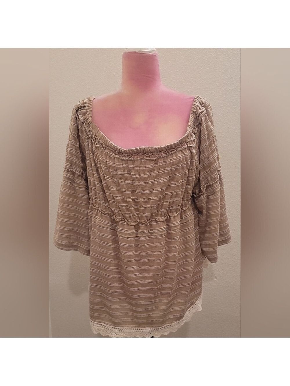Maurices Brown Striped Top with Lace Trim